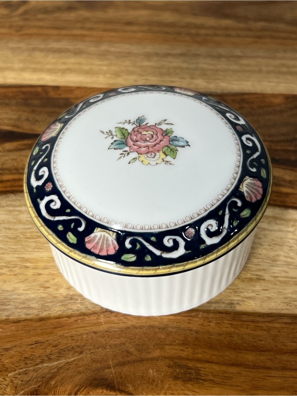 Wedgwood Runnymede Blue 3” Trinket Box - Navy, Pink, Gold Floral Shell